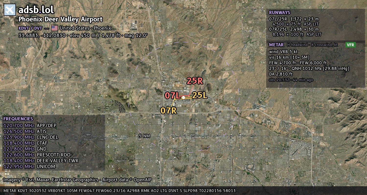 Satellite map with the runway layout of Phoenix Deer Valley Airport (KDVT)