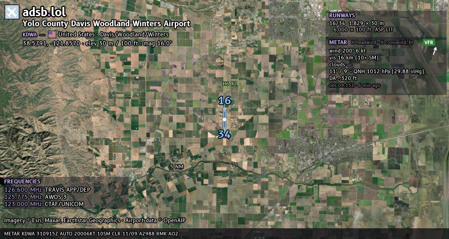 Satellite map with the runway layout of Yolo County Davis Woodland Winters Airport (KDWA)