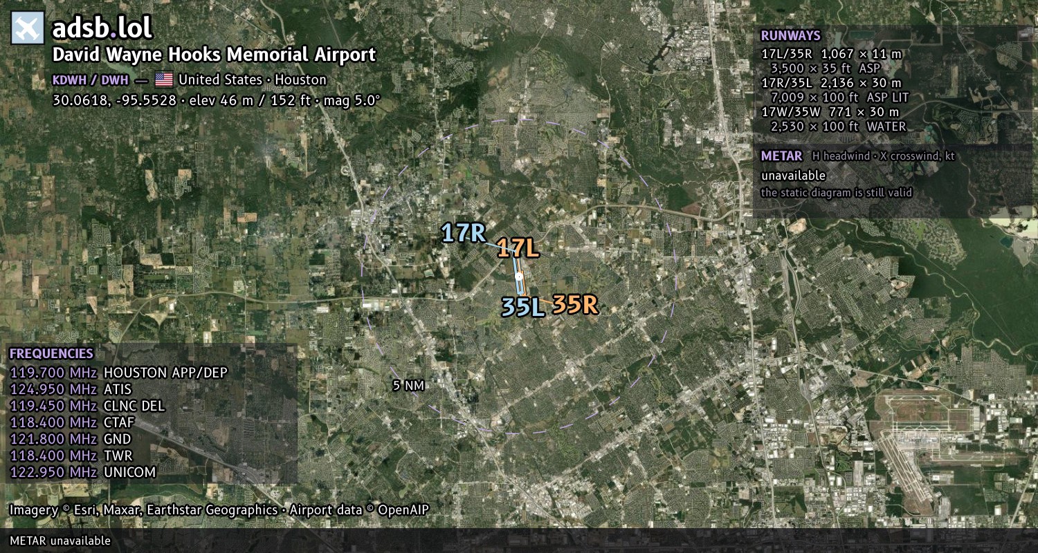 Satellite map with the runway layout of David Wayne Hooks Memorial Airport (KDWH)