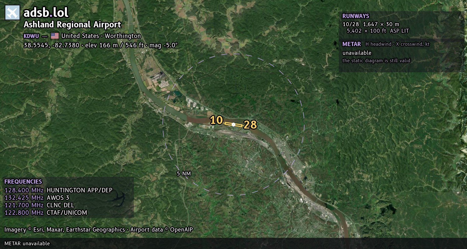 Satellite map with the runway layout of Ashland Regional Airport (KDWU)