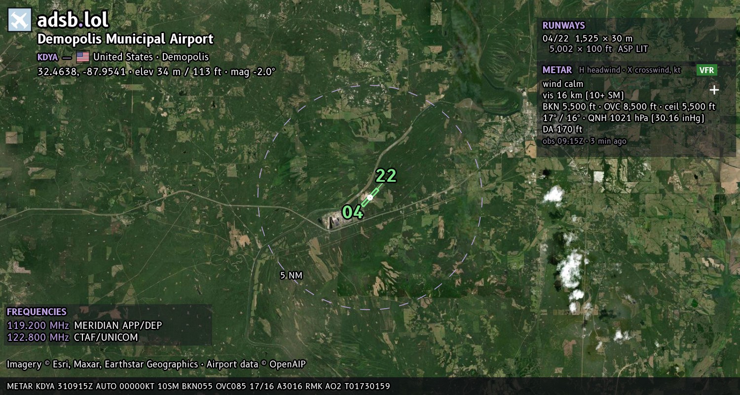 Satellite map with the runway layout of Demopolis Municipal Airport (KDYA)