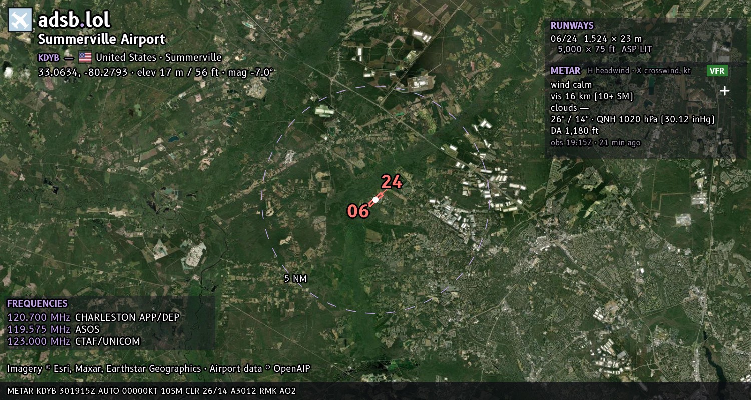 Satellite map with the runway layout of Summerville Airport (KDYB)