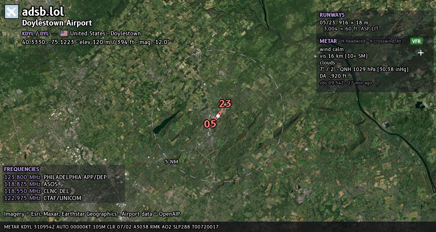 Satellite map with the runway layout of Doylestown Airport (KDYL)