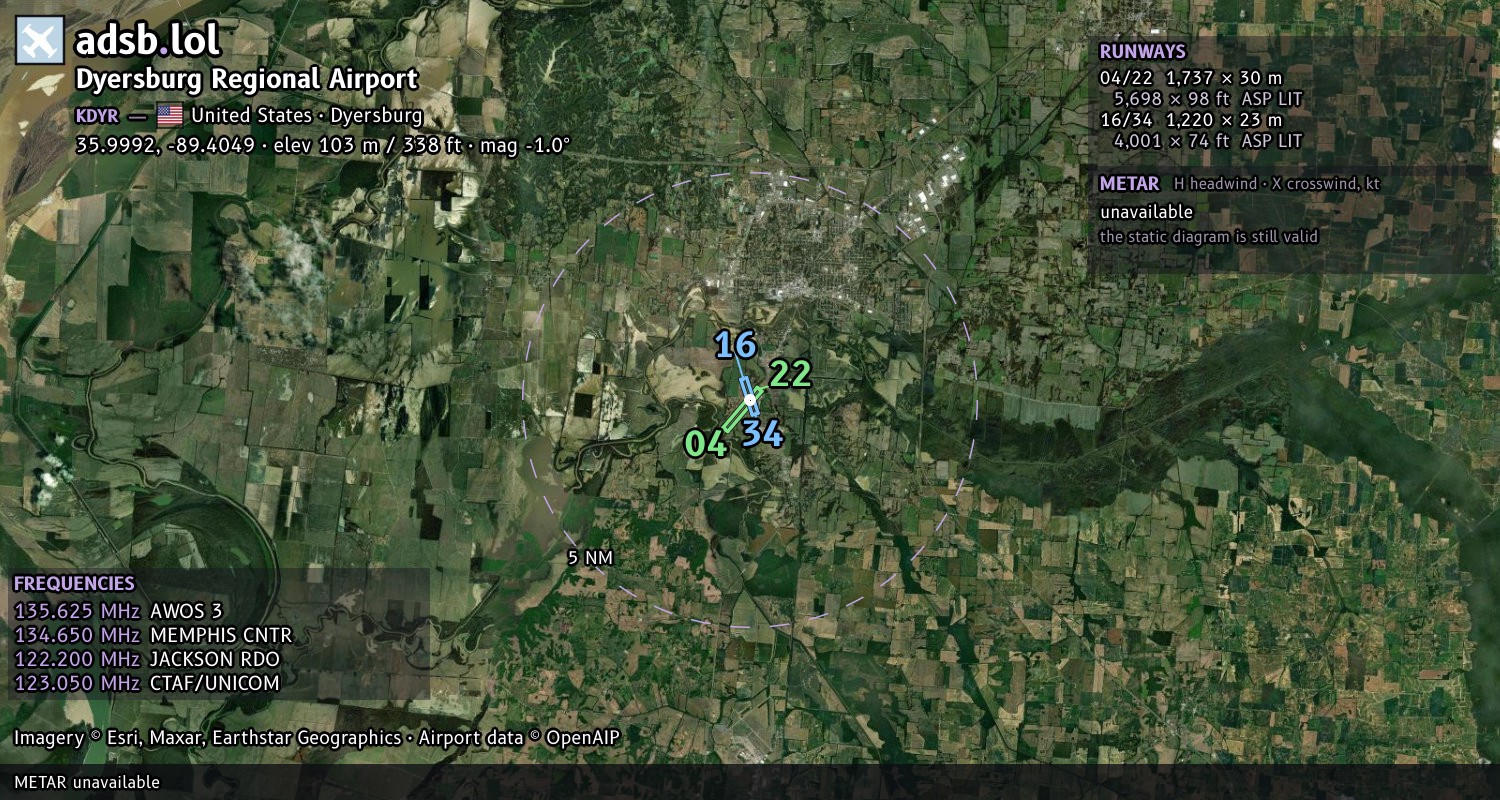 Satellite map with the runway layout of Dyersburg Regional Airport (KDYR)