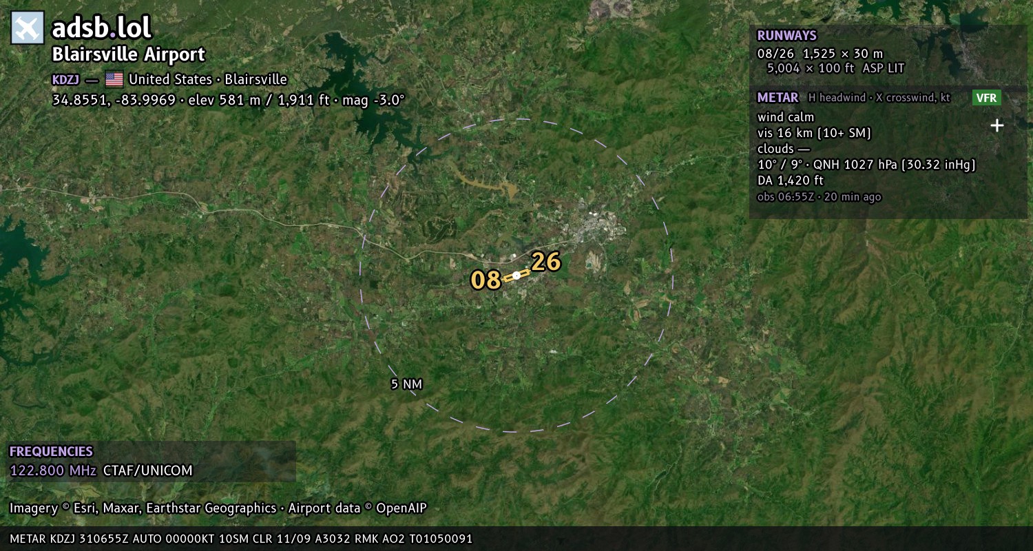 Satellite map with the runway layout of Blairsville Airport (KDZJ)