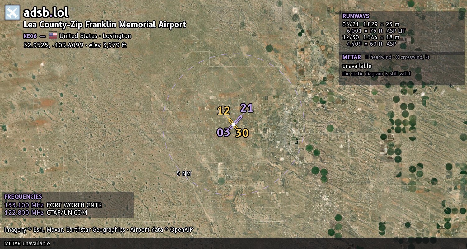Satellite map with the runway layout of Lea County-Zip Franklin Memorial Airport (KE06)