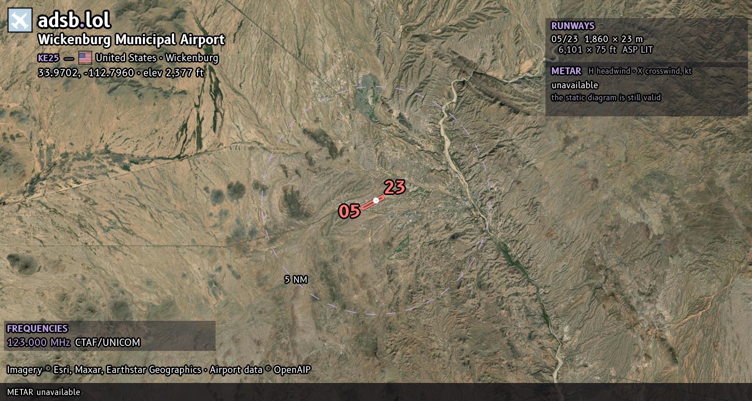 Satellite map with the runway layout of Wickenburg Municipal Airport (KE25)