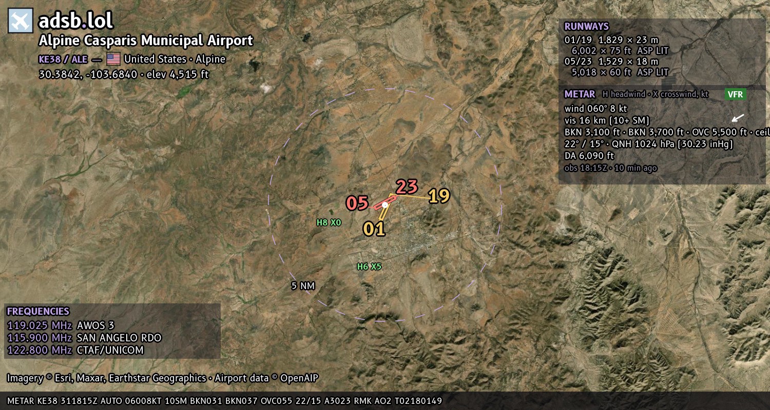 Satellite map with the runway layout of Alpine Casparis Municipal Airport (KE38)