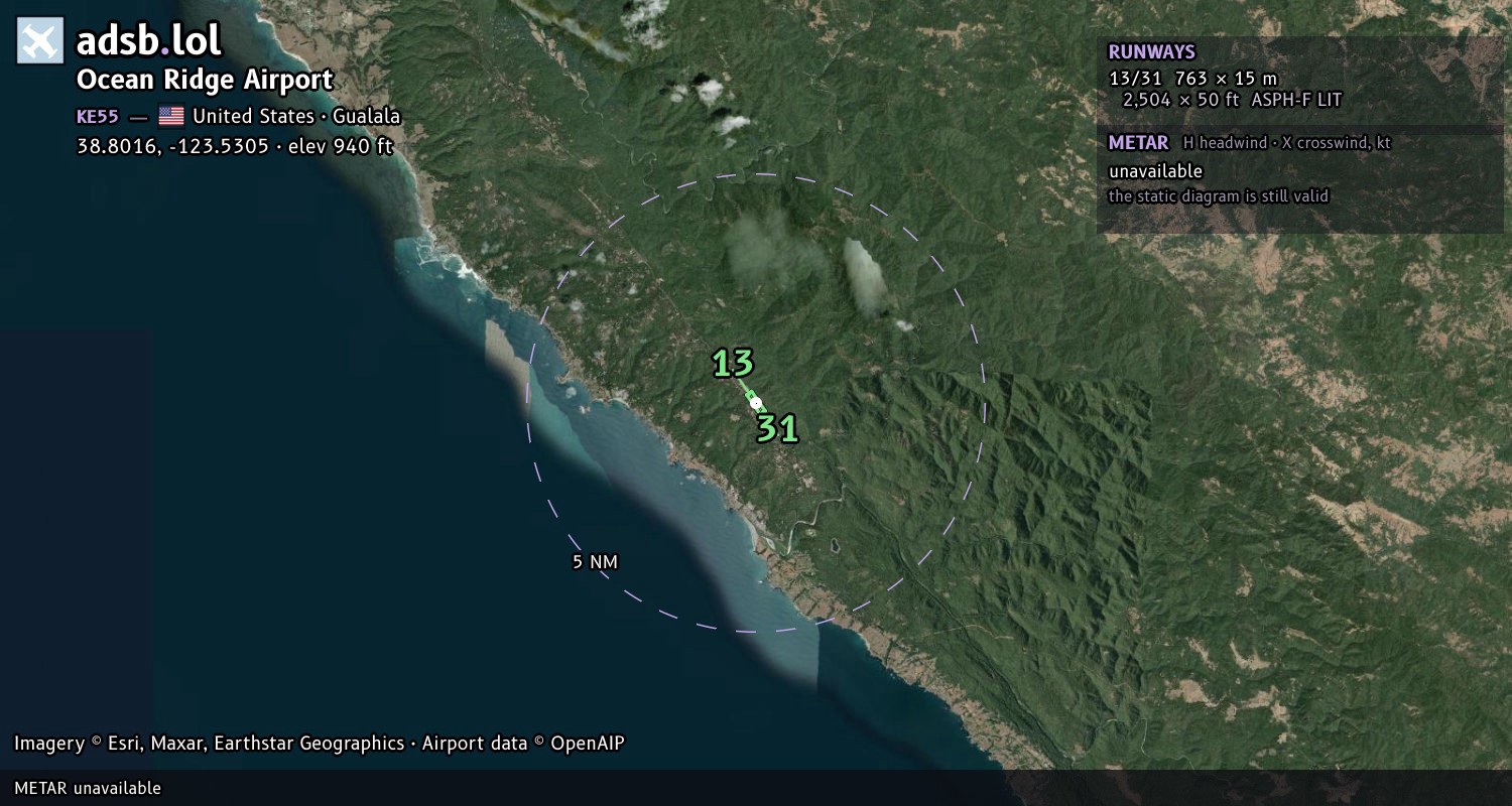 Satellite map with the runway layout of Ocean Ridge Airport (KE55)