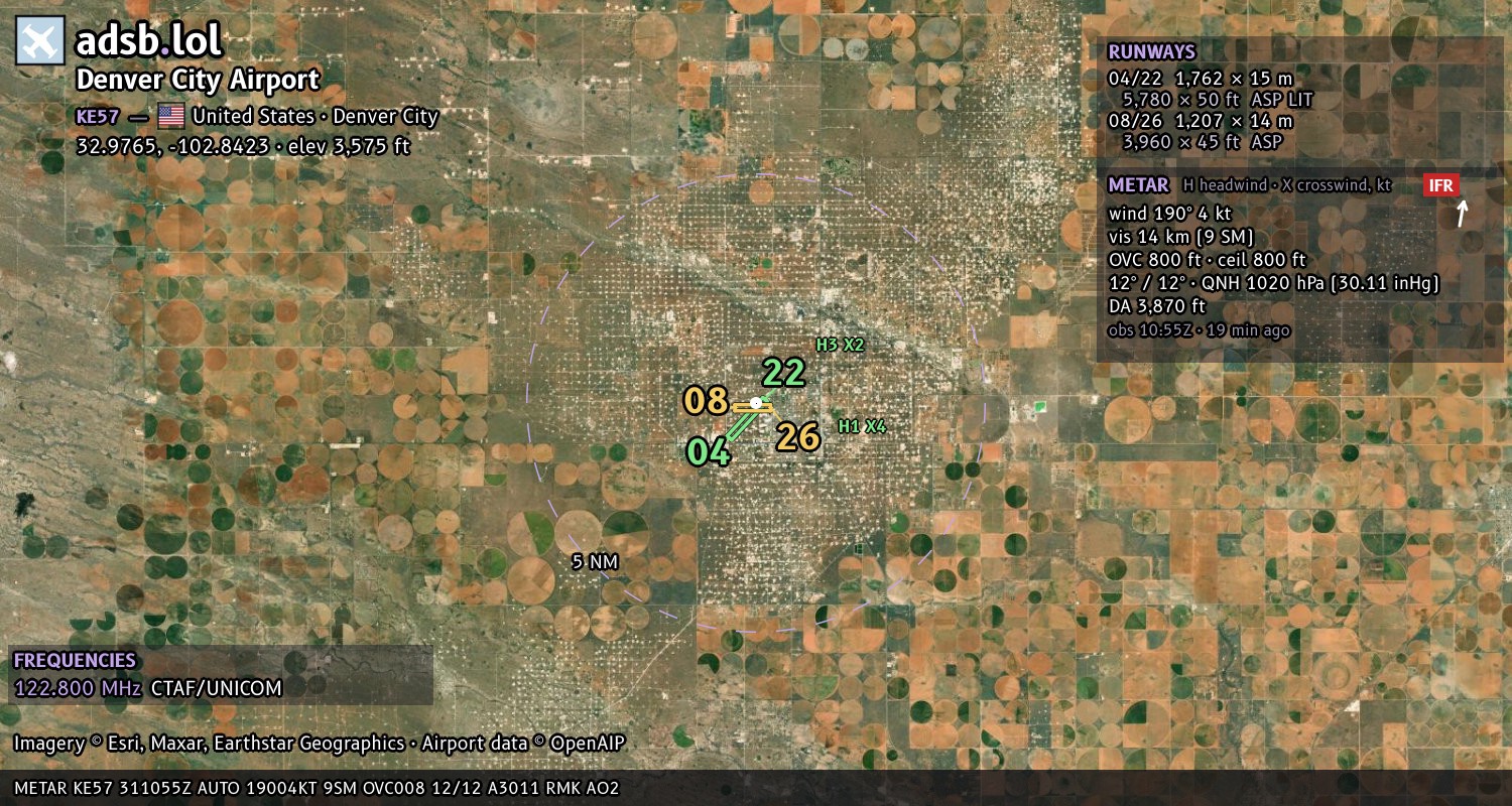 Satellite map with the runway layout of Denver City Airport (KE57)