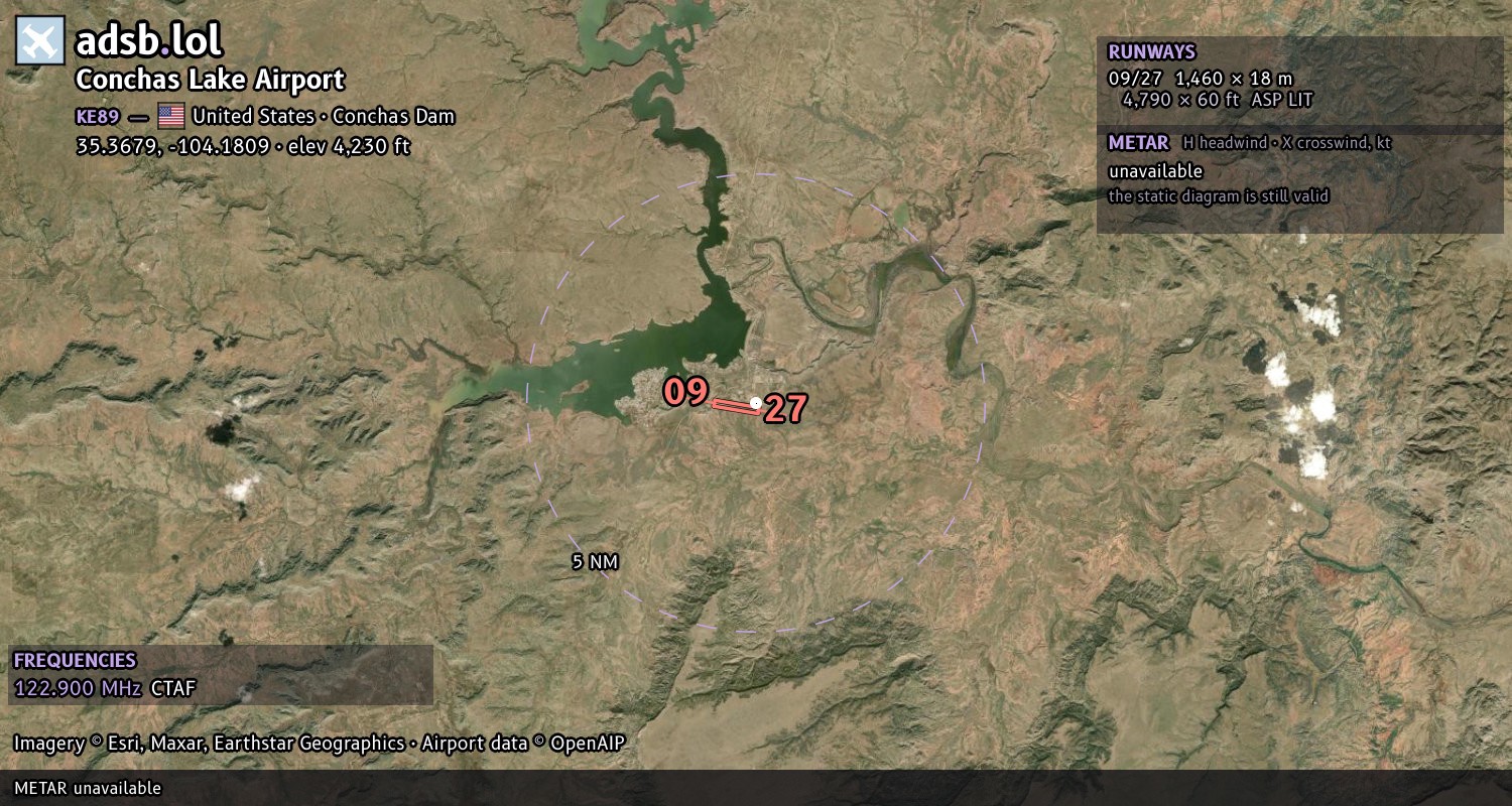 Satellite map with the runway layout of Conchas Lake Airport (KE89)