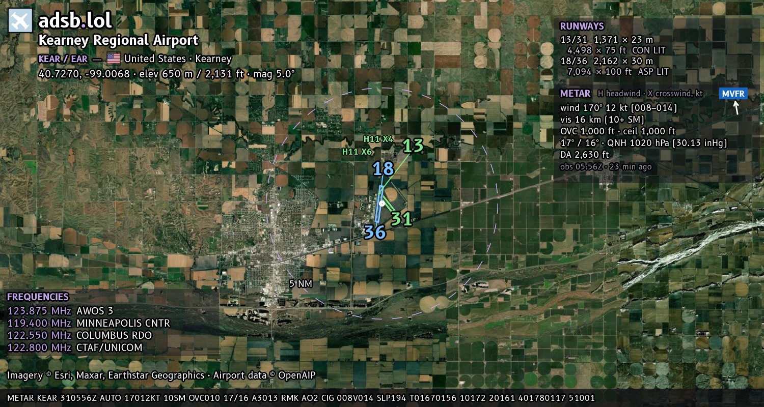Satellite map with the runway layout of Kearney Regional Airport (KEAR)