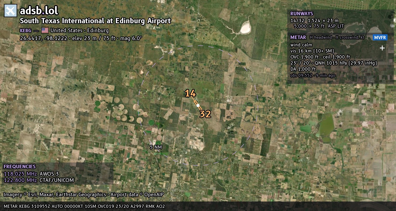 Satellite map with the runway layout of South Texas International at Edinburg Airport (KEBG)
