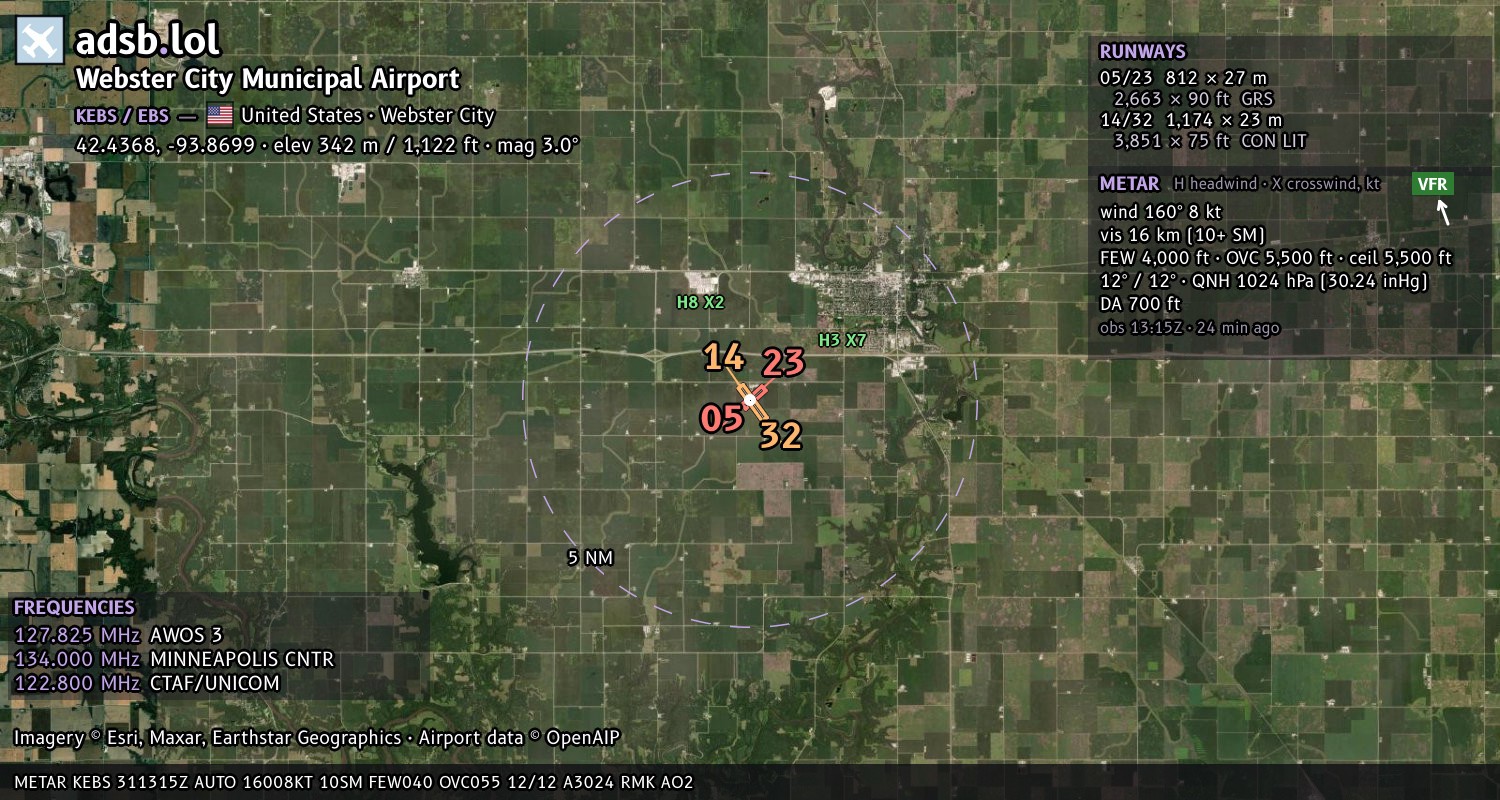 Satellite map with the runway layout of Webster City Municipal Airport (KEBS)