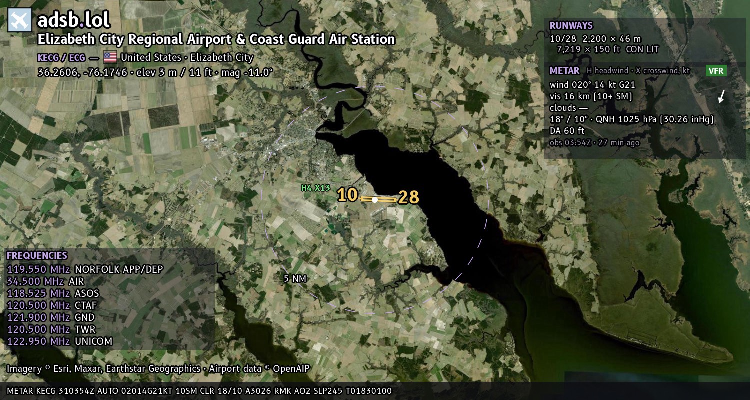 Satellite map with the runway layout of Elizabeth City Regional Airport & Coast Guard Air Station (KECG)