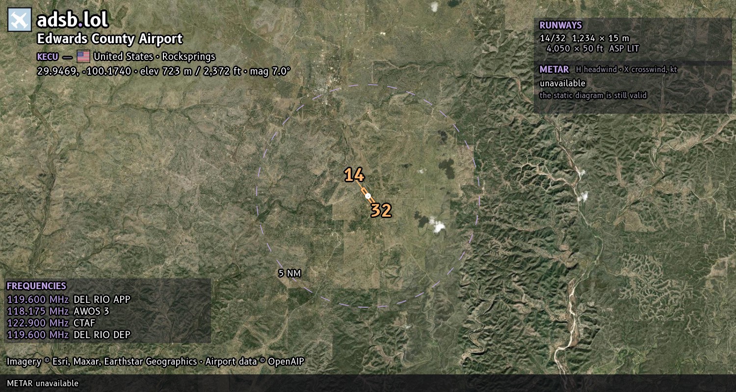Satellite map with the runway layout of Edwards County Airport (KECU)