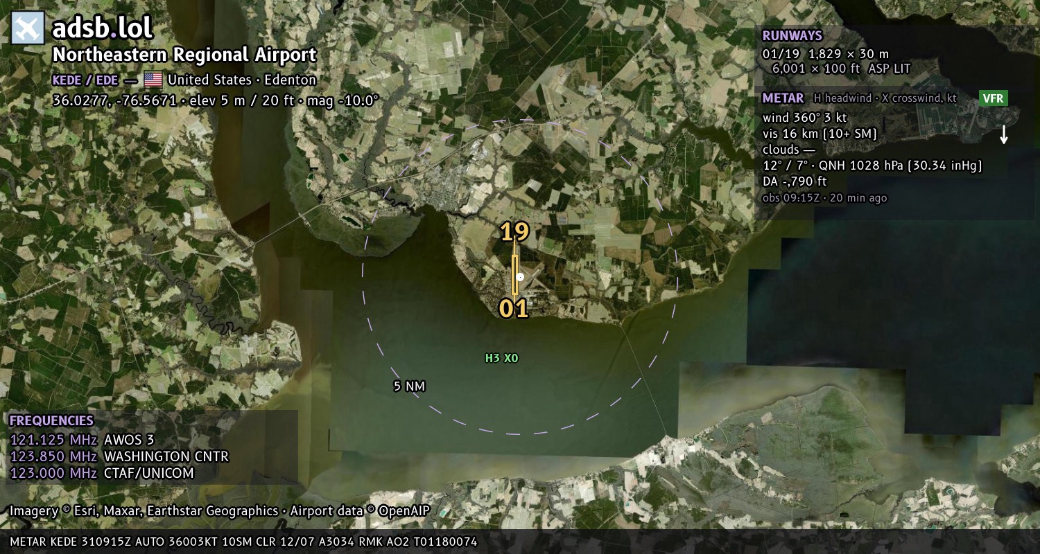 Satellite map with the runway layout of Northeastern Regional Airport (KEDE)