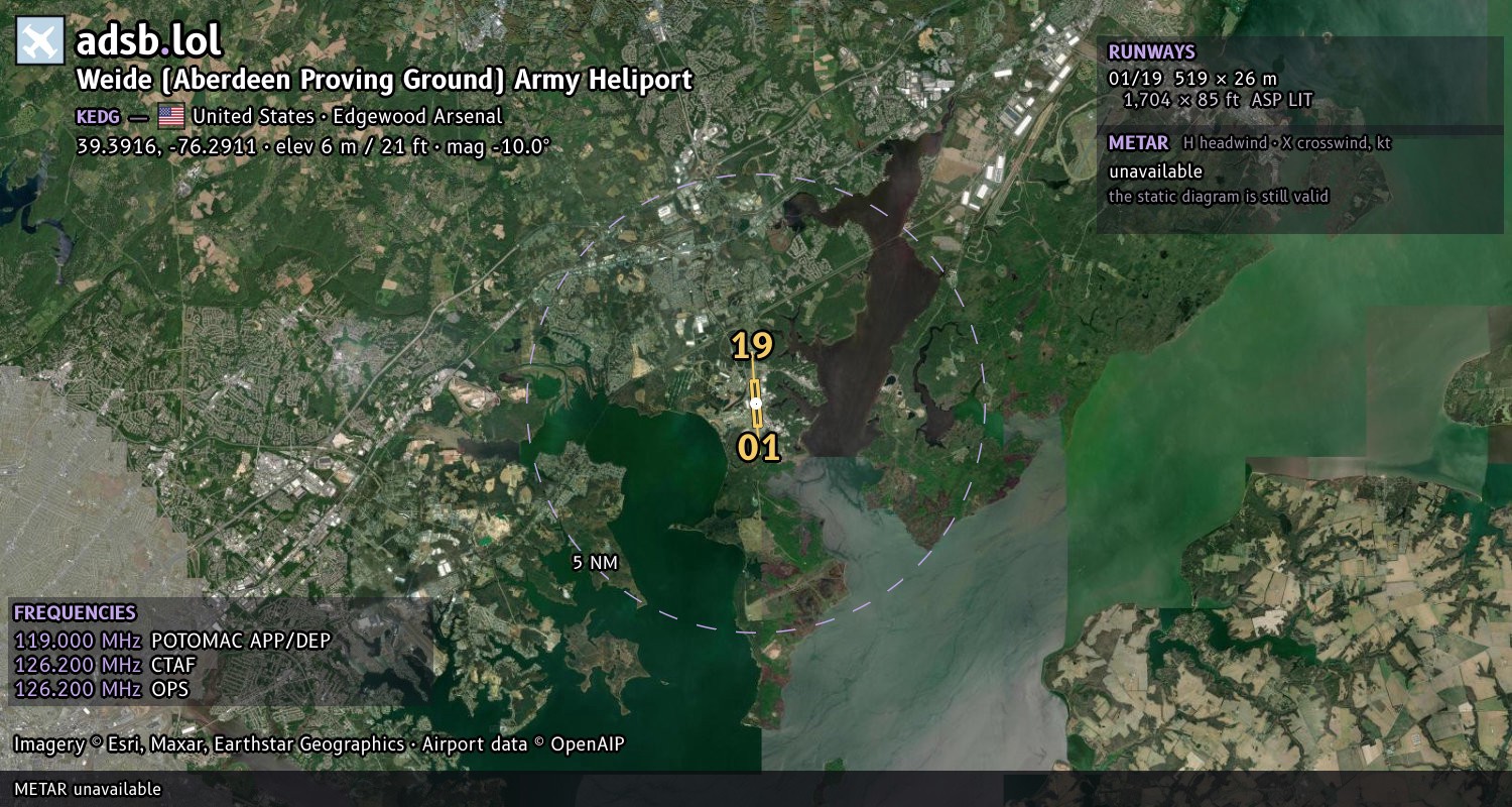 Satellite map with the runway layout of Weide (Aberdeen Proving Ground) Army Heliport (KEDG)