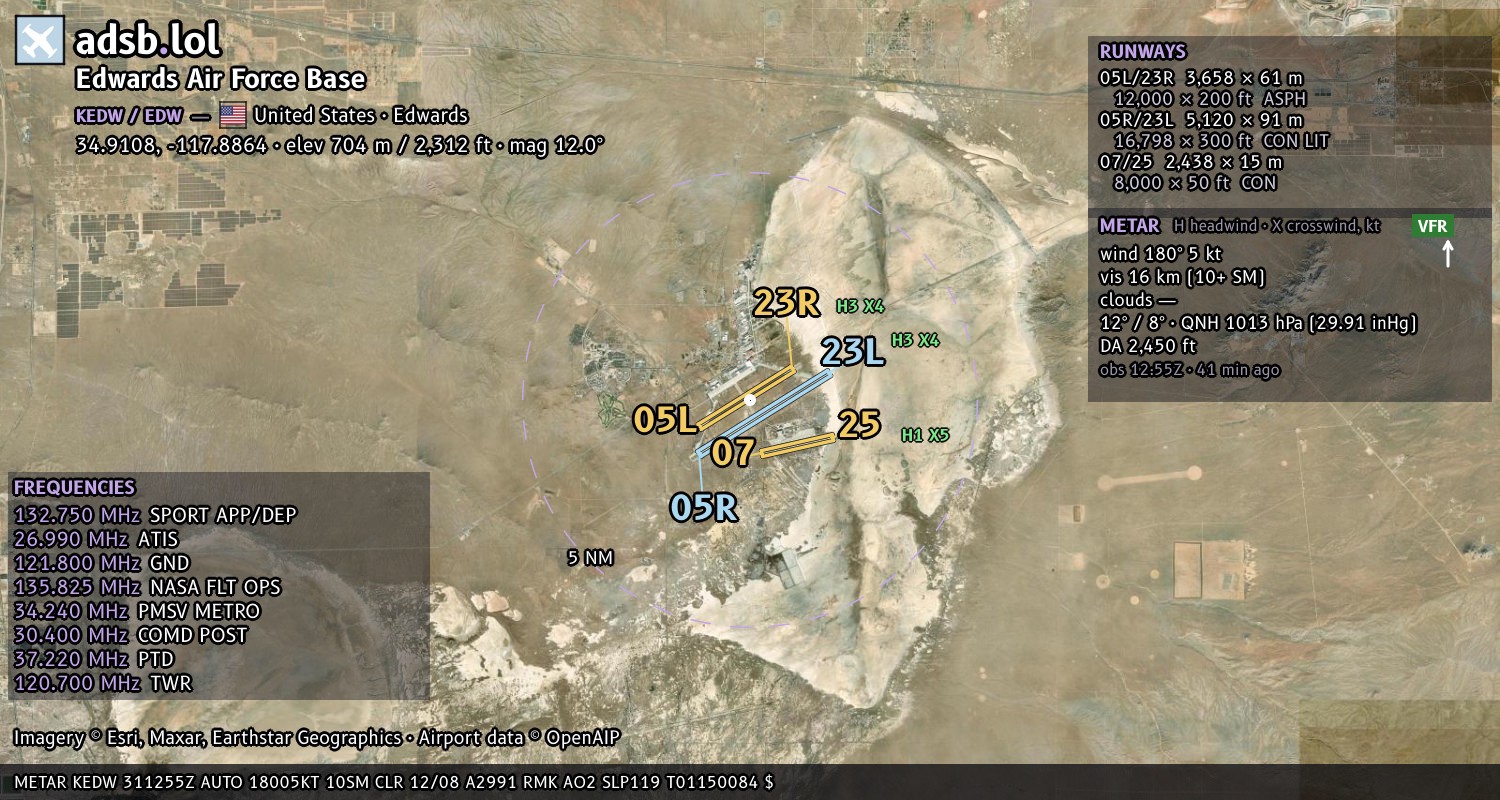 Satellite map with the runway layout of Edwards Air Force Base (KEDW)