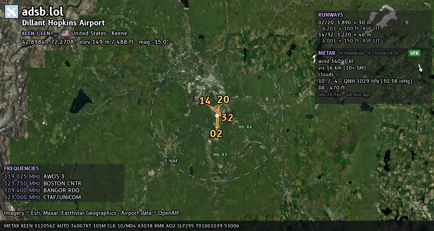 Satellite map with the runway layout of Dillant Hopkins Airport (KEEN)
