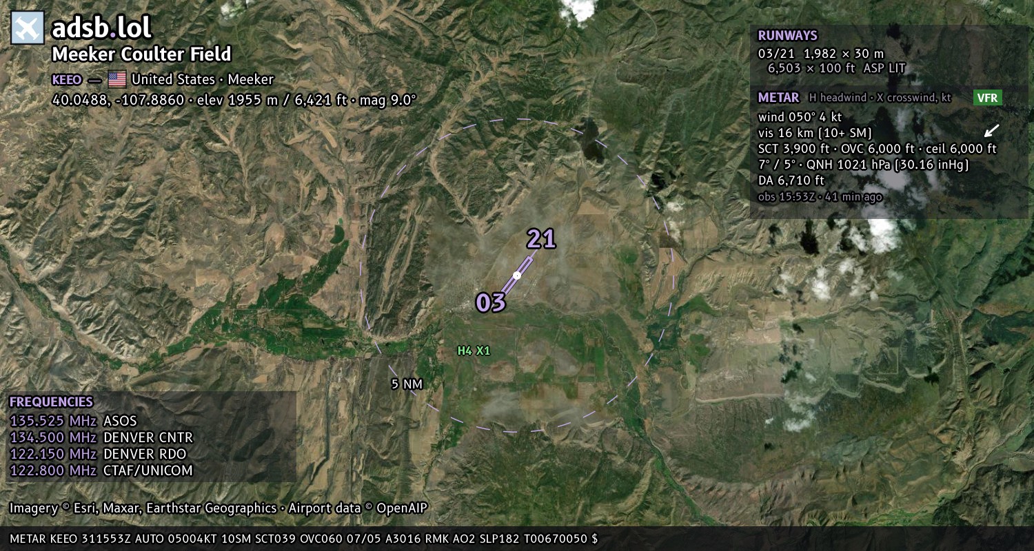 Satellite map with the runway layout of Meeker Coulter Field (KEEO)