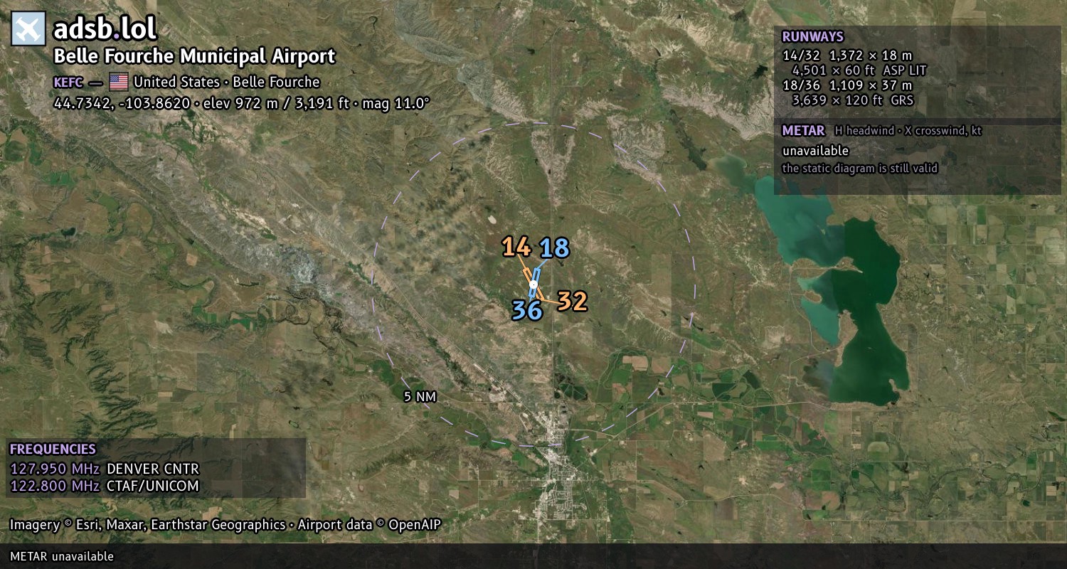 Satellite map with the runway layout of Belle Fourche Municipal Airport (KEFC)