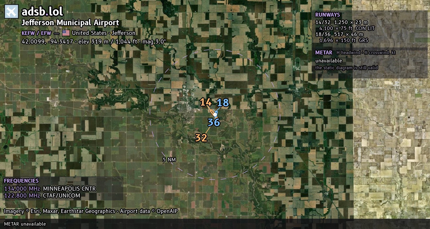 Satellite map with the runway layout of Jefferson Municipal Airport (KEFW)