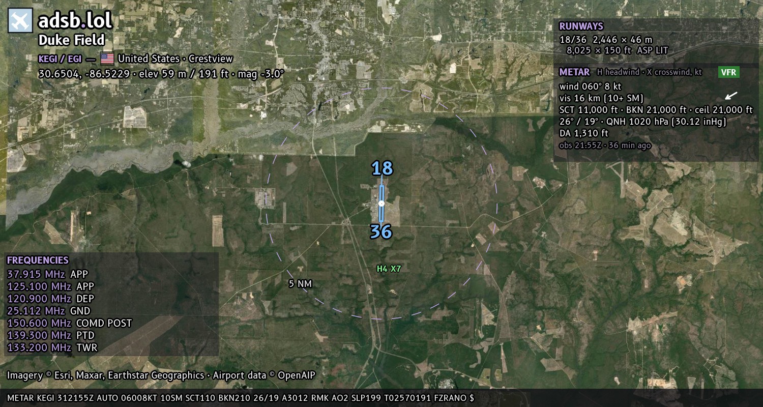 Satellite map with the runway layout of Duke Field (KEGI)