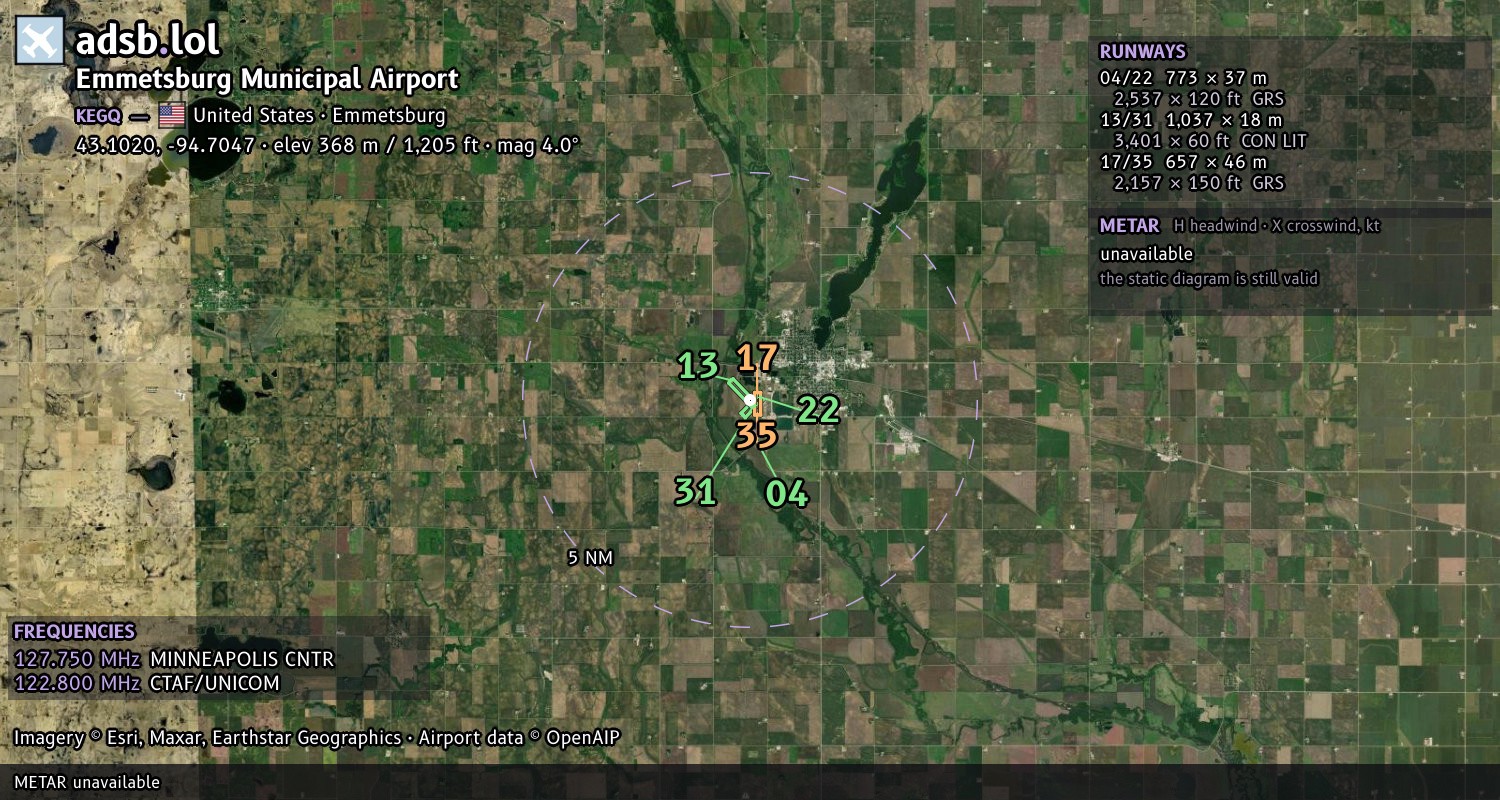 Satellite map with the runway layout of Emmetsburg Municipal Airport (KEGQ)