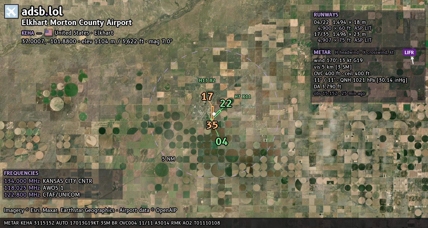 Satellite map with the runway layout of Elkhart Morton County Airport (KEHA)