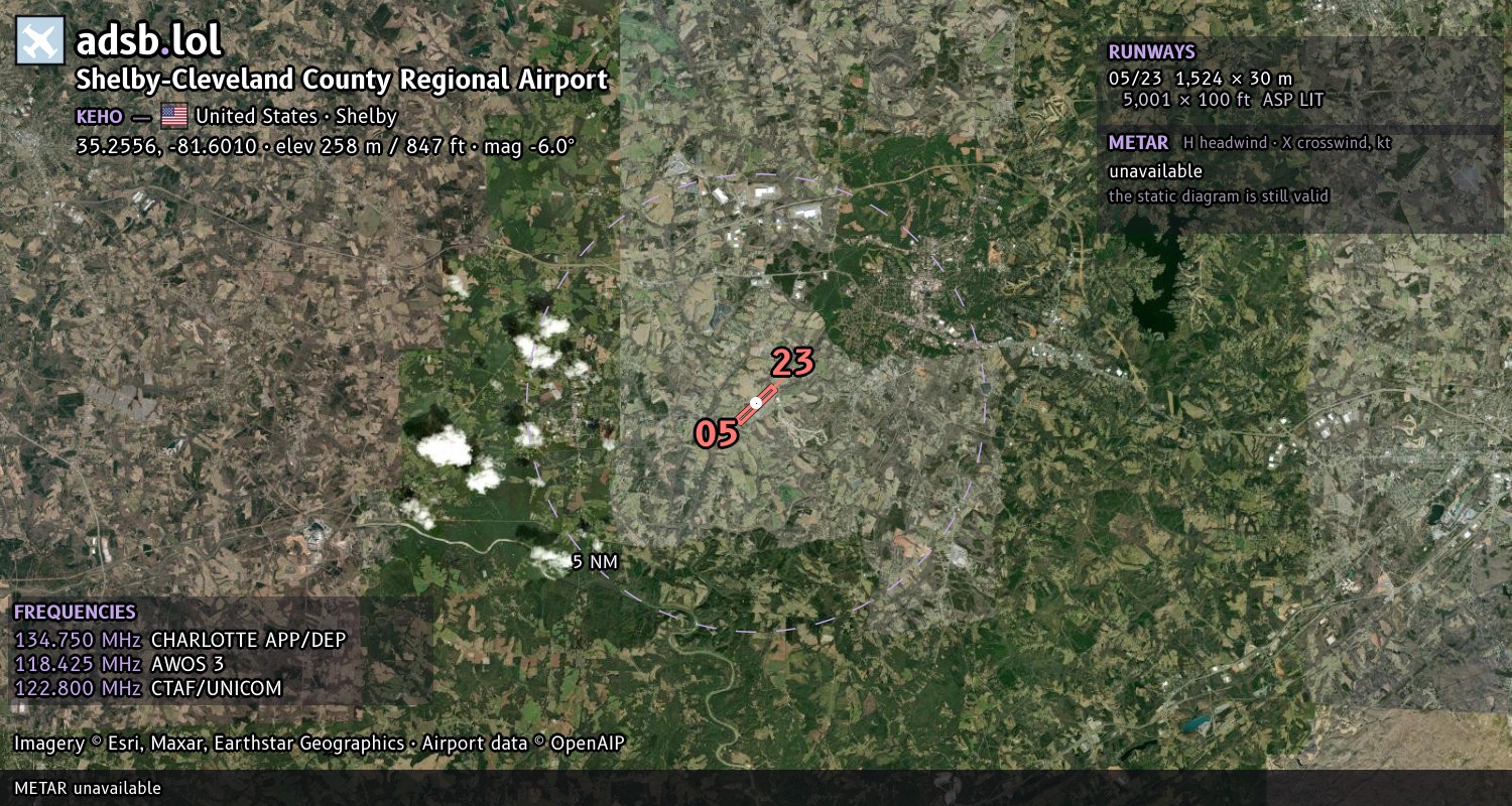 Satellite map with the runway layout of Shelby-Cleveland County Regional Airport (KEHO)
