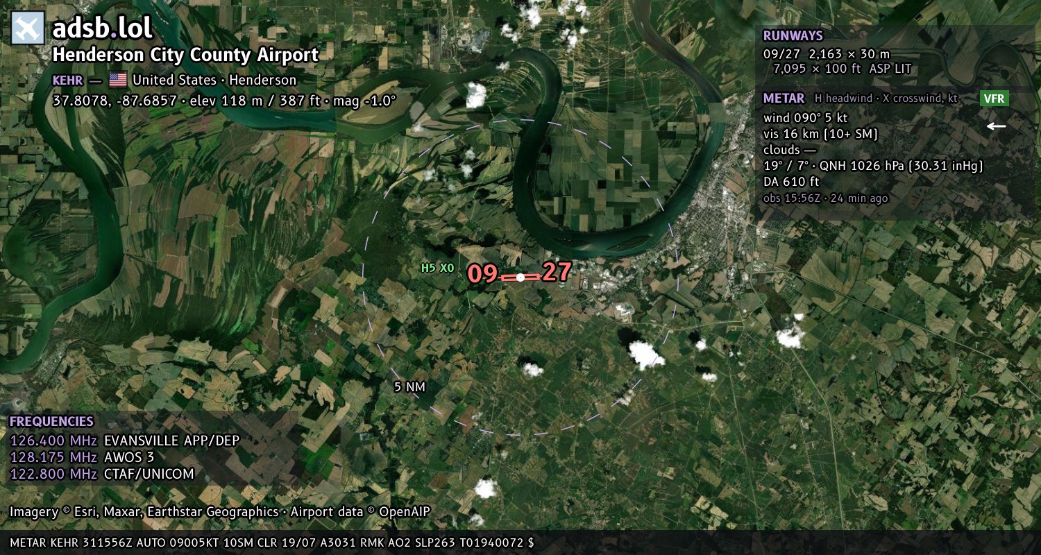 Satellite map with the runway layout of Henderson City County Airport (KEHR)