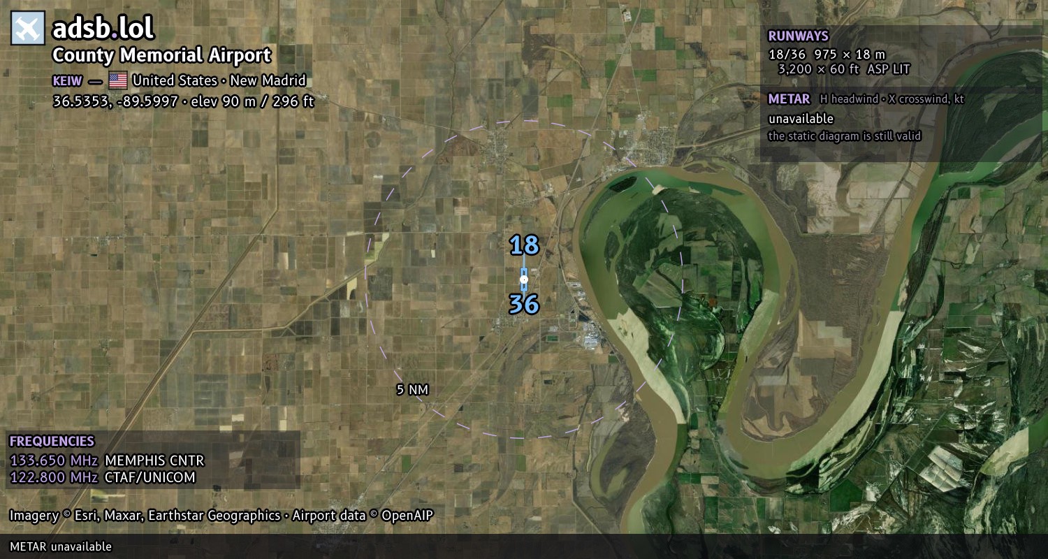 Satellite map with the runway layout of County Memorial Airport (KEIW)