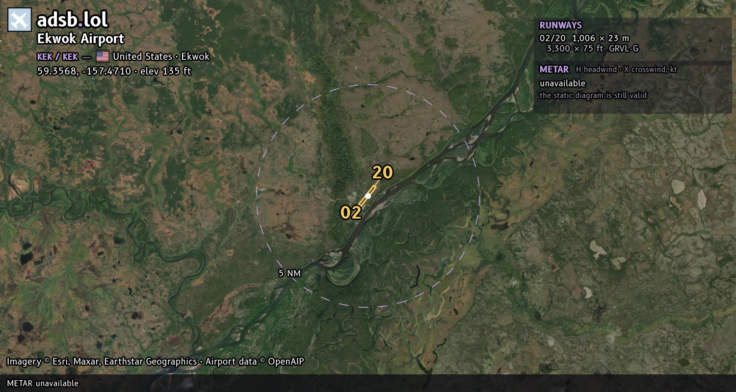 Satellite map with the runway layout of Ekwok Airport (KEK)