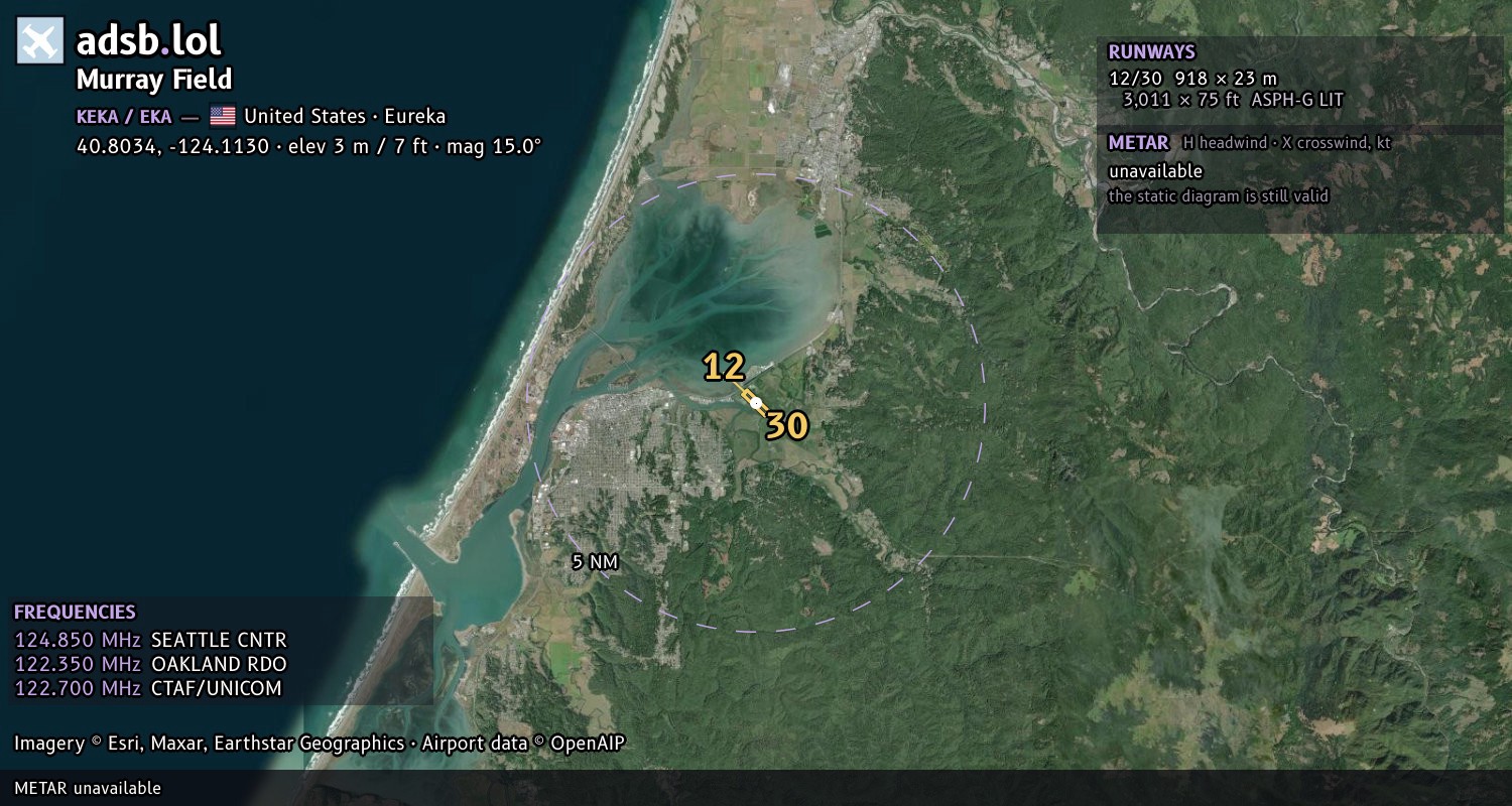 Satellite map with the runway layout of Murray Field (KEKA)