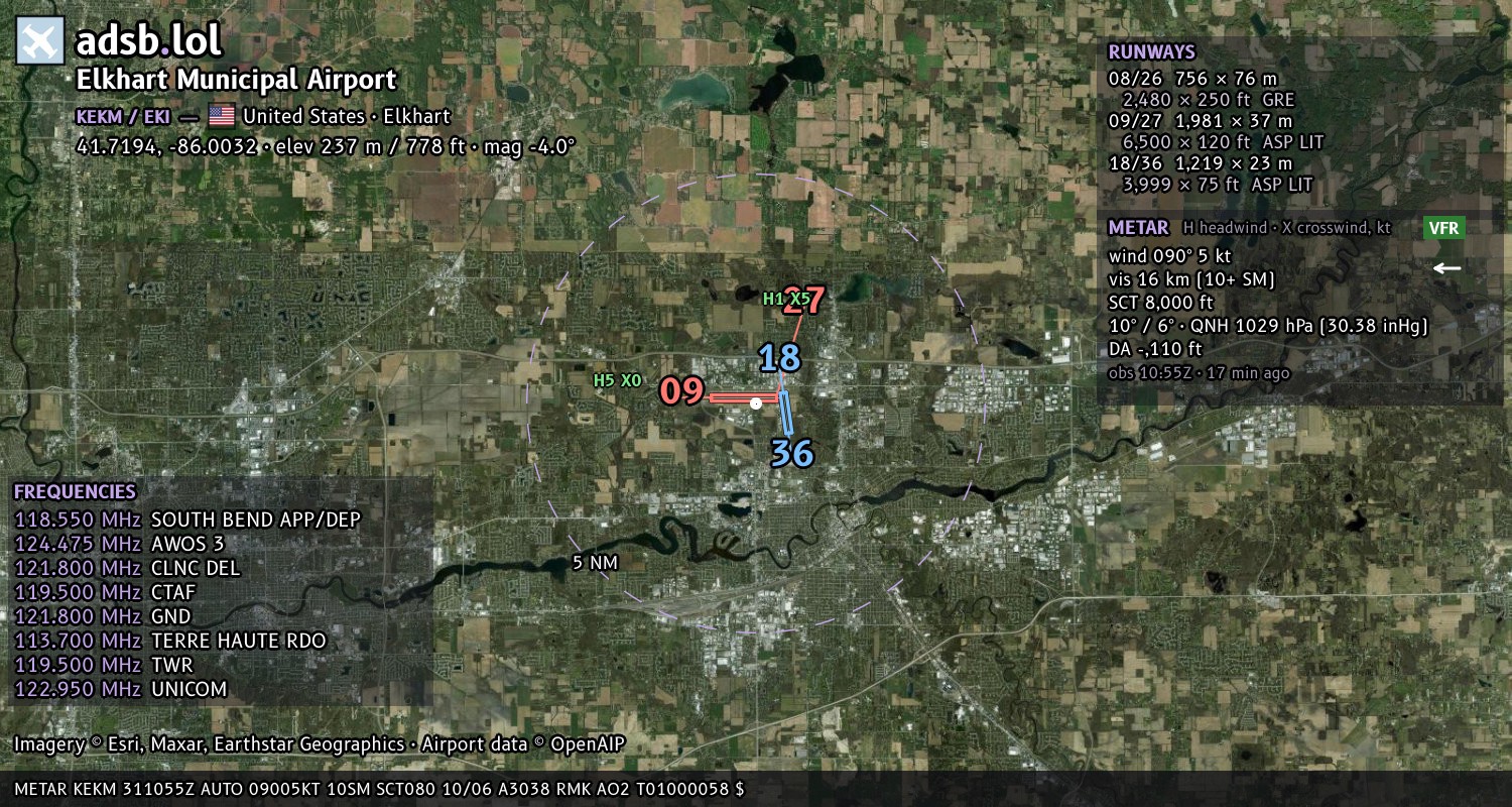 Satellite map with the runway layout of Elkhart Municipal Airport (KEKM)