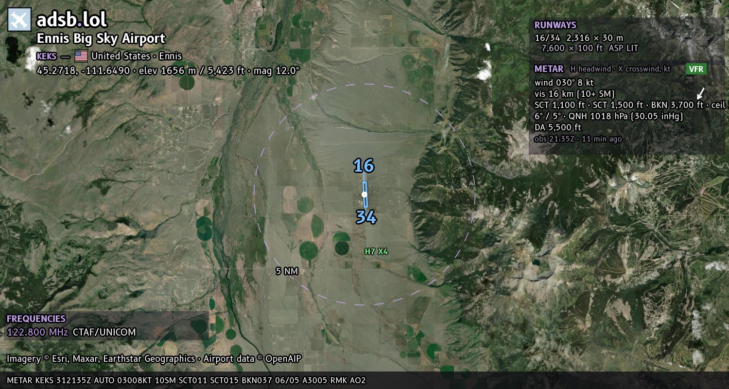 Satellite map with the runway layout of Ennis Big Sky Airport (KEKS)
