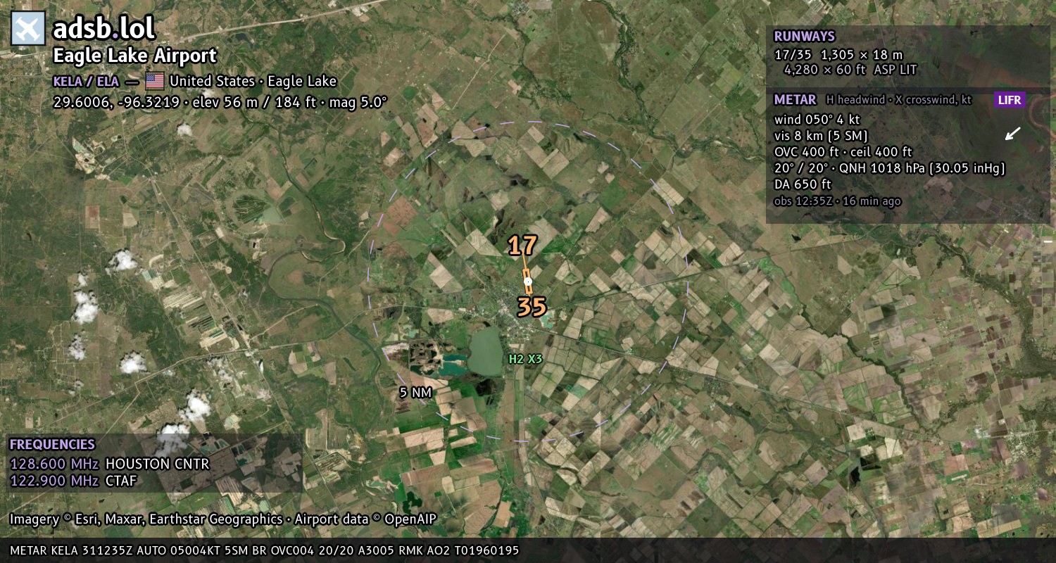 Satellite map with the runway layout of Eagle Lake Airport (KELA)