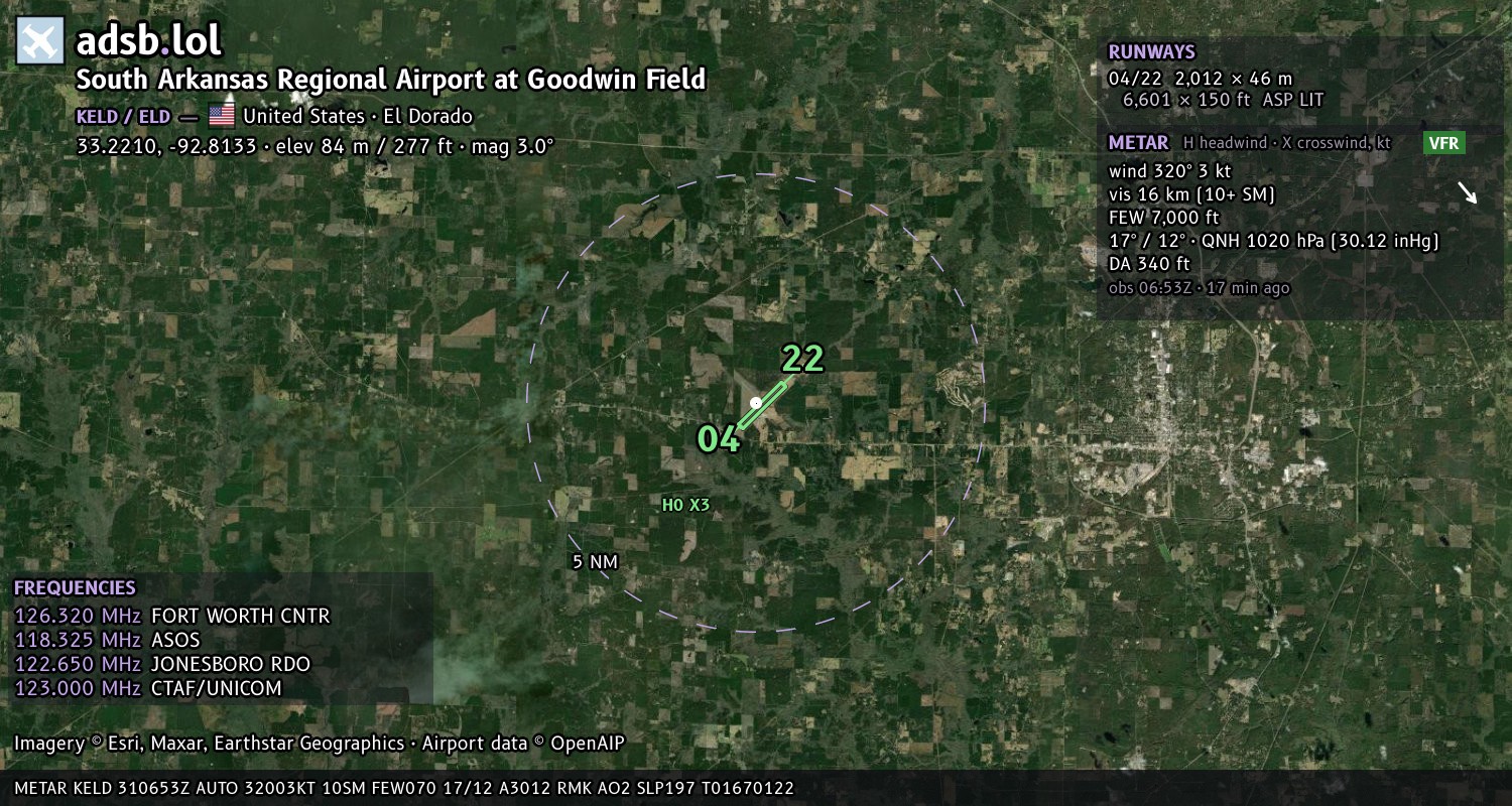 Satellite map with the runway layout of South Arkansas Regional Airport at Goodwin Field (KELD)