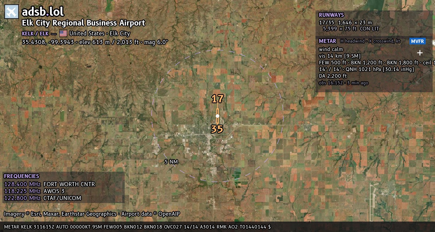 Satellite map with the runway layout of Elk City Regional Business Airport (KELK)