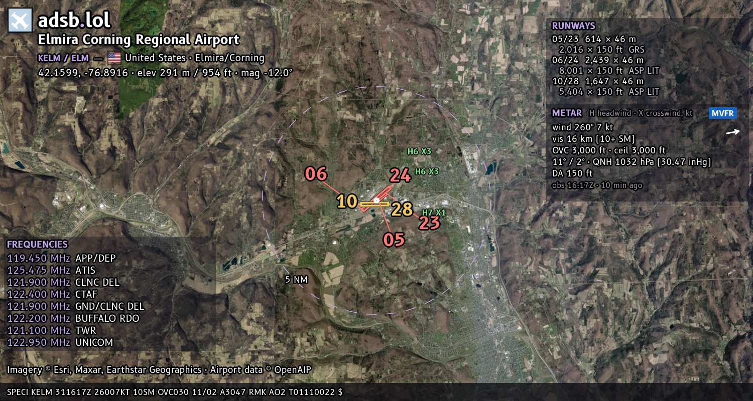 Satellite map with the runway layout of Elmira Corning Regional Airport (KELM)