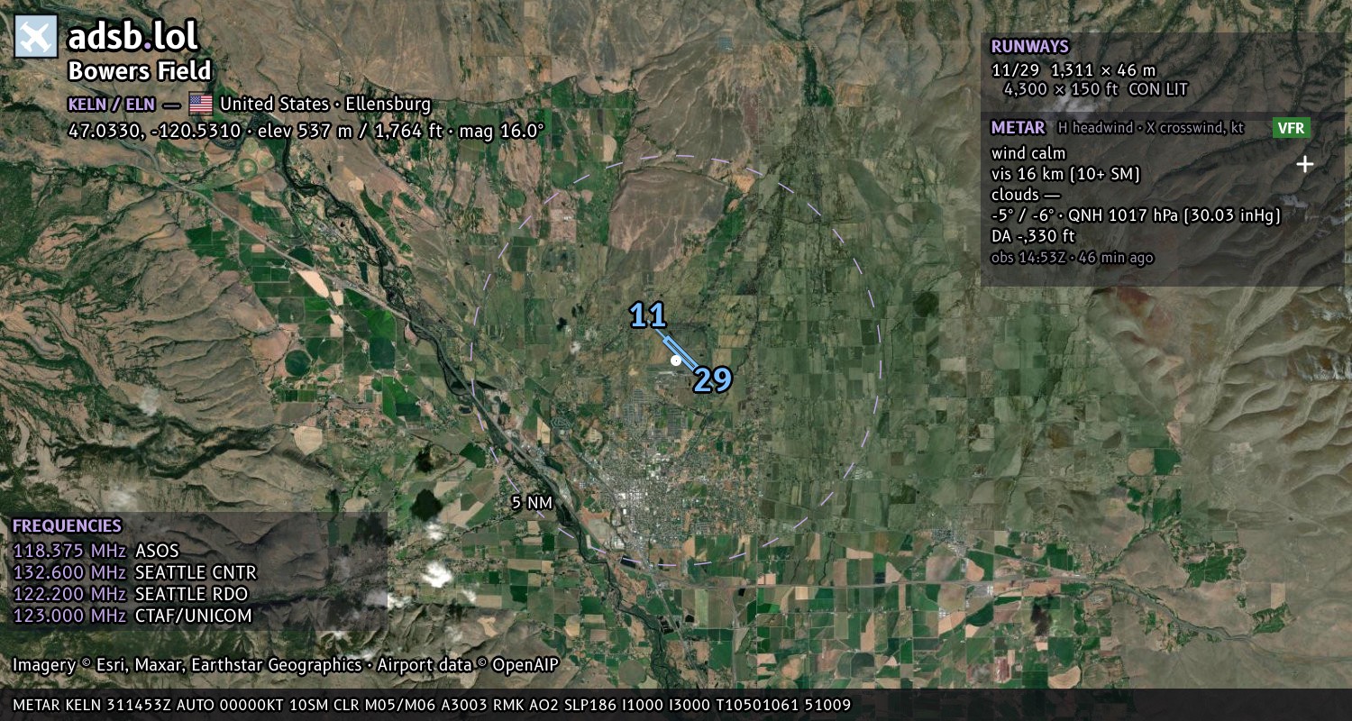 Satellite map with the runway layout of Bowers Field (KELN)