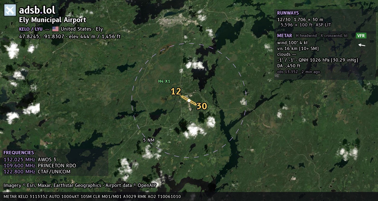 Satellite map with the runway layout of Ely Municipal Airport (KELO)