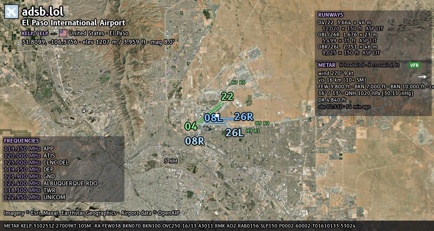 Satellite map with the runway layout of El Paso International Airport (KELP)
