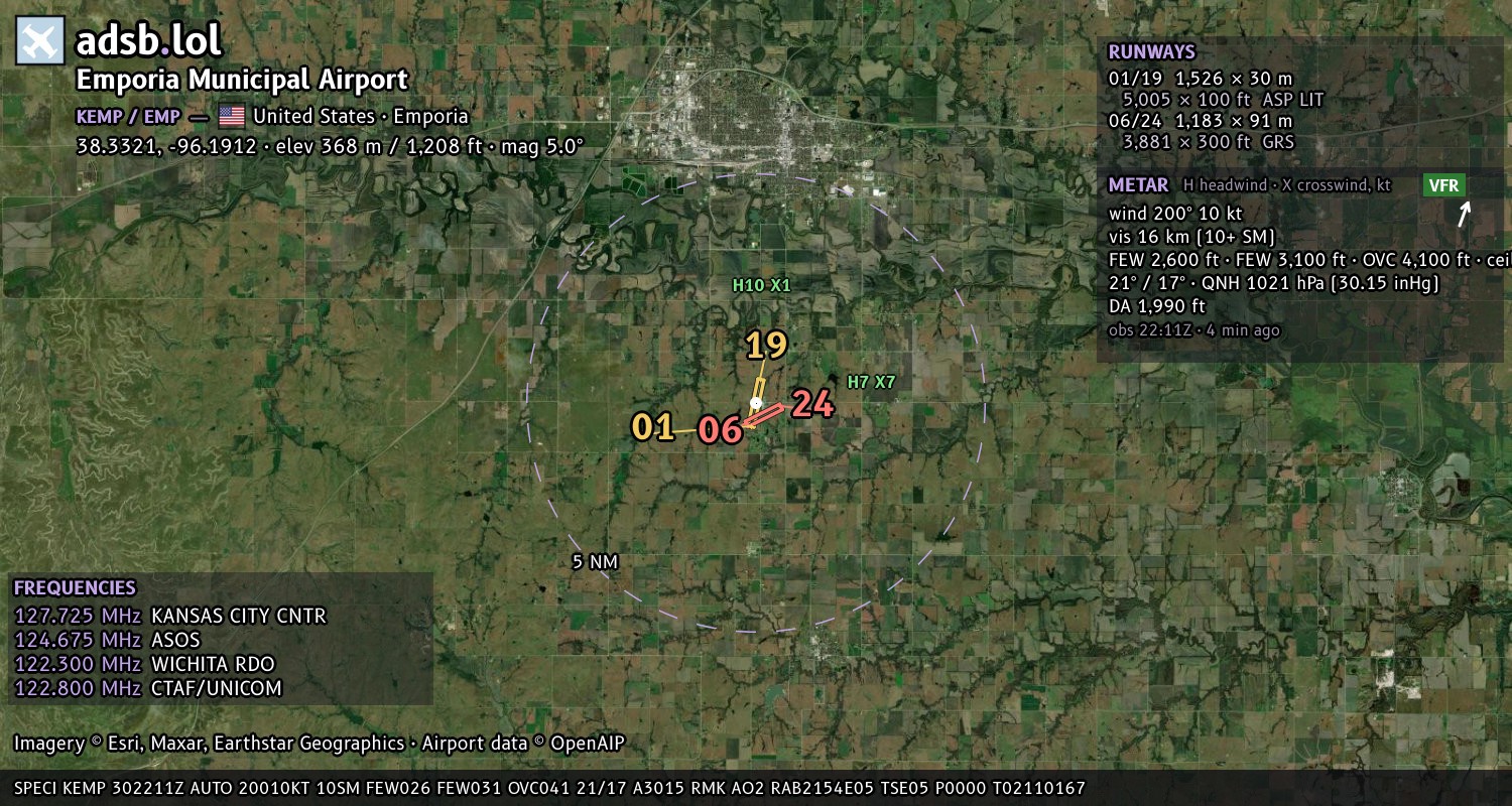 Satellite map with the runway layout of Emporia Municipal Airport (KEMP)