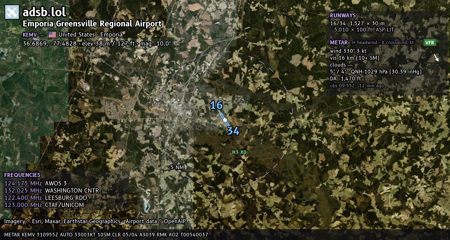 Satellite map with the runway layout of Emporia Greensville Regional Airport (KEMV)
