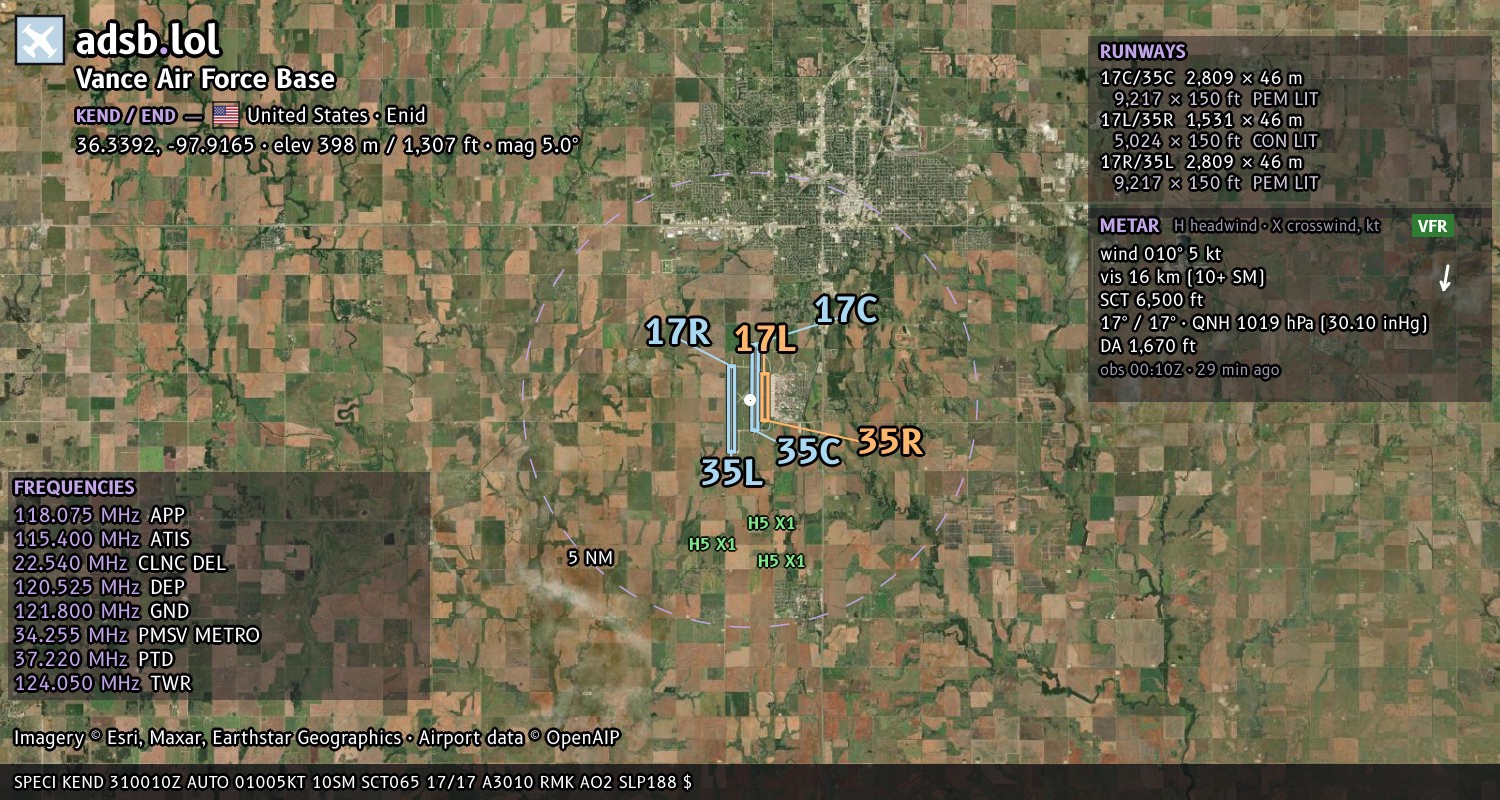 Satellite map with the runway layout of Vance Air Force Base (KEND)