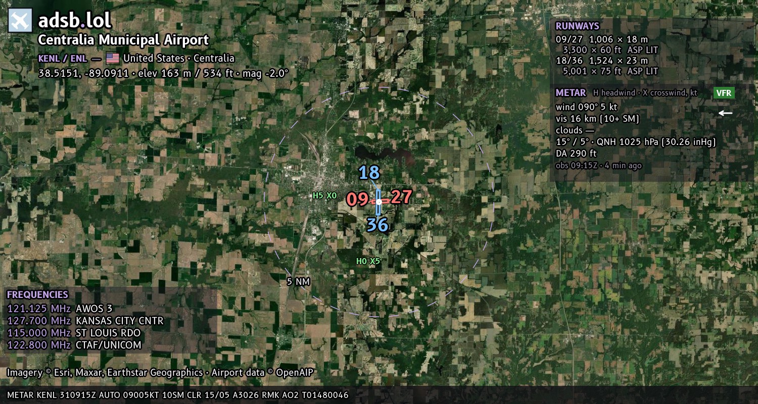 Satellite map with the runway layout of Centralia Municipal Airport (KENL)