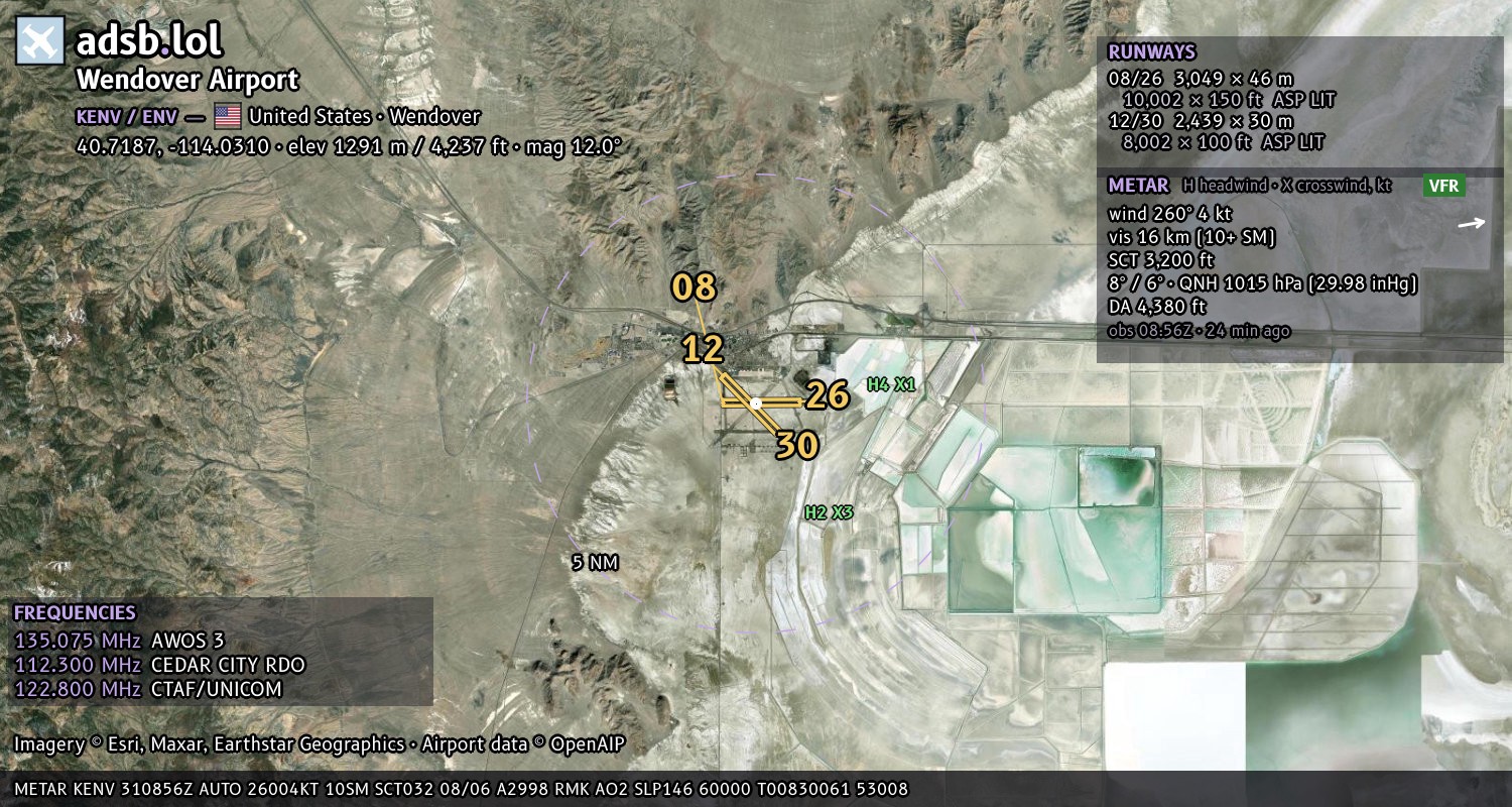 Satellite map with the runway layout of Wendover Airport (KENV)