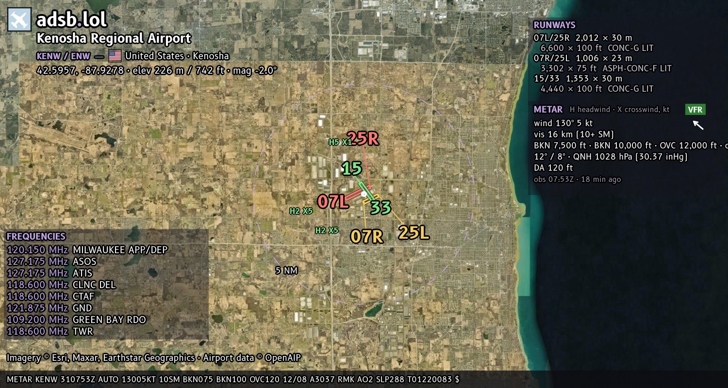 Satellite map with the runway layout of Kenosha Regional Airport (KENW)